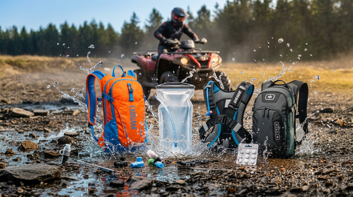 Backpacks and hydration bottles splashing in water with a person on an ATV in the background.

